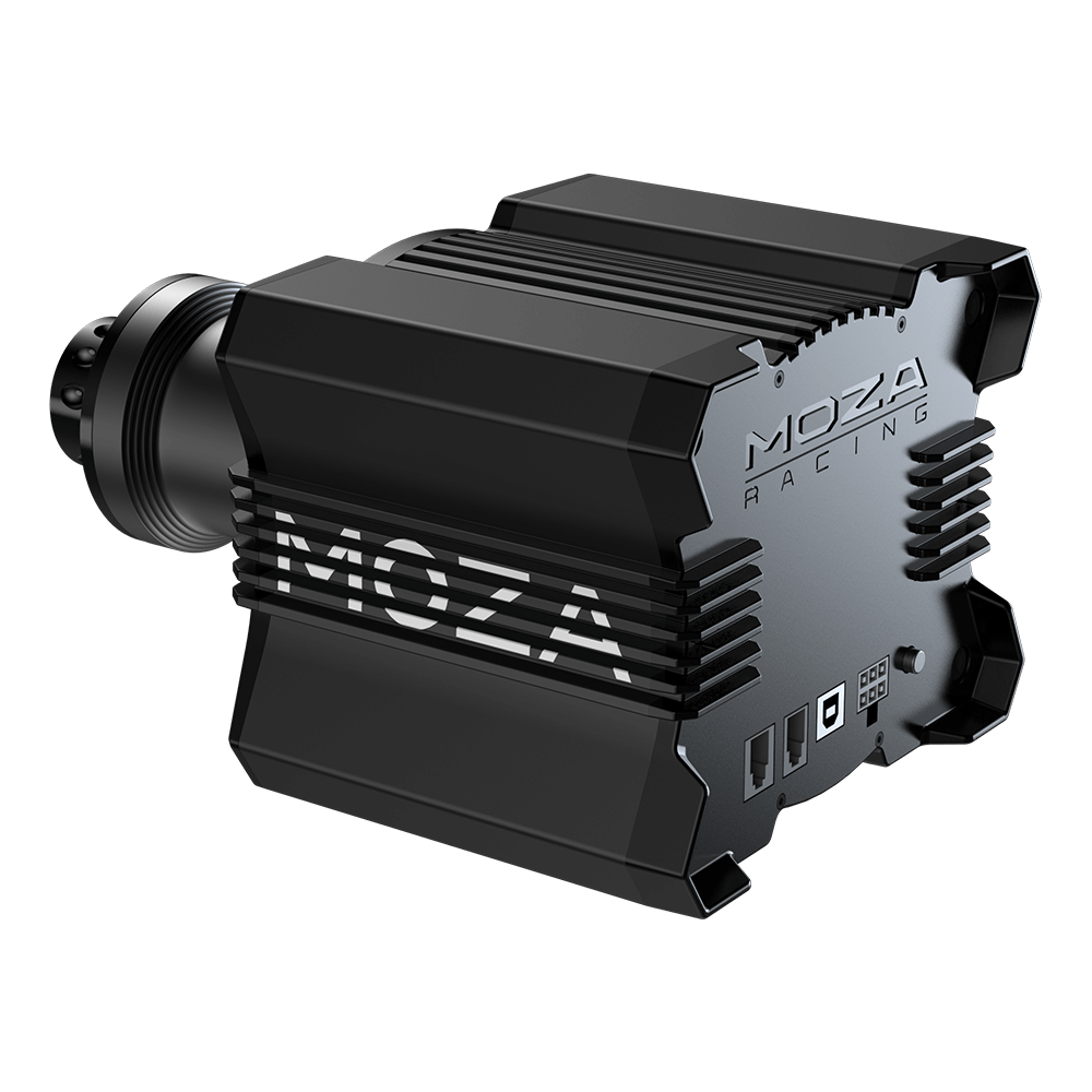 Moza R9 Direct Drive gaming steering wheel base from the side/rear