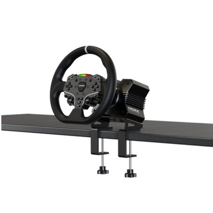 Moza R5 Gaming Steering Wheel on a Desk with Desk Mount